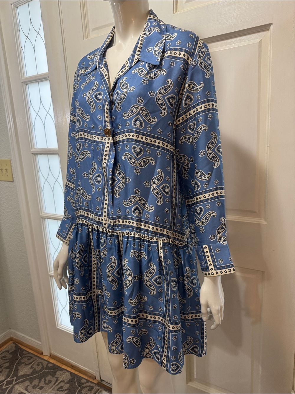 Sandro Blue Paisley Drop-Waist Long-Sleeve Women's Dress - Picture 8 of 16